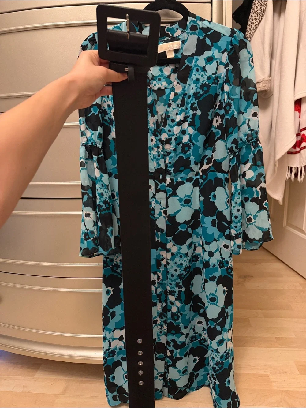 Michael Kors Floral Midi Dress in Teal and Black with belt